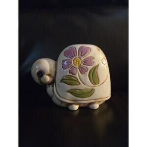 Vintage 1970s Purple Flower Turtle Coin Bank with Flowers No Bottom